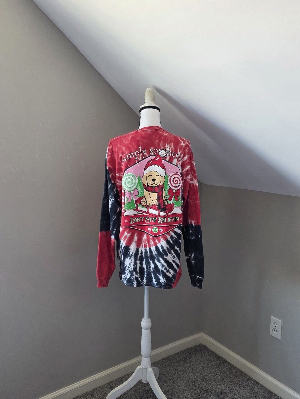 Simply Southern Tie Dye Christmas Don't Stop Believing Dog Long Sleeve Shirt